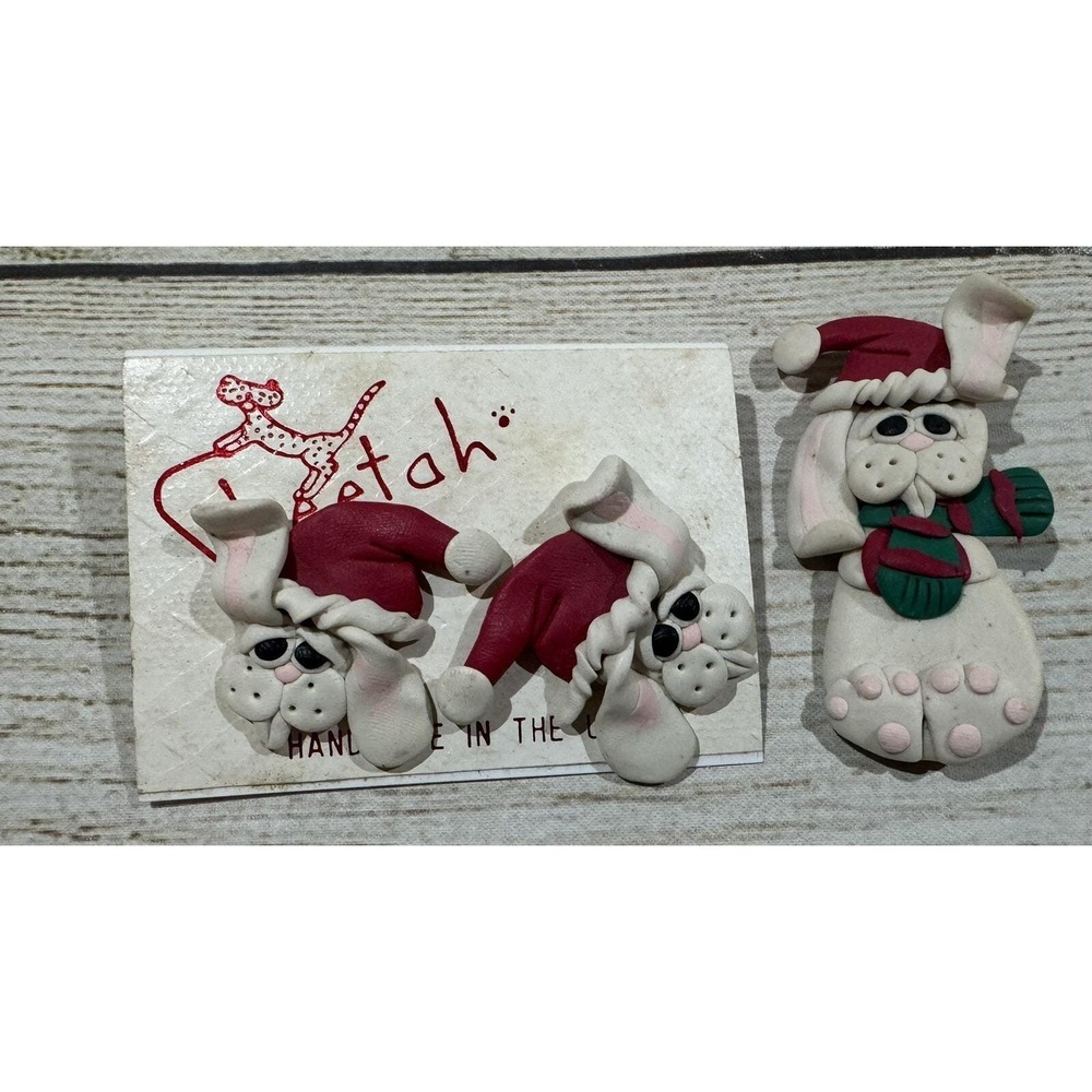 Vintage Lot of Polymer Clay Earrings & Pin Christmas Bunny Rabbit Santa Hat Tb12